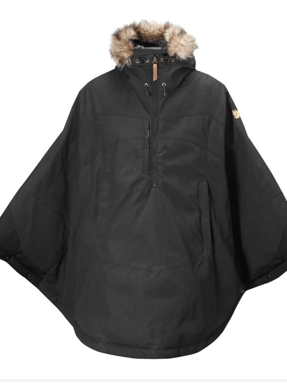 Fjällräven Luhkka Hooded Cape Poncho Dark Grey / Black Faux Fur Trim Size S